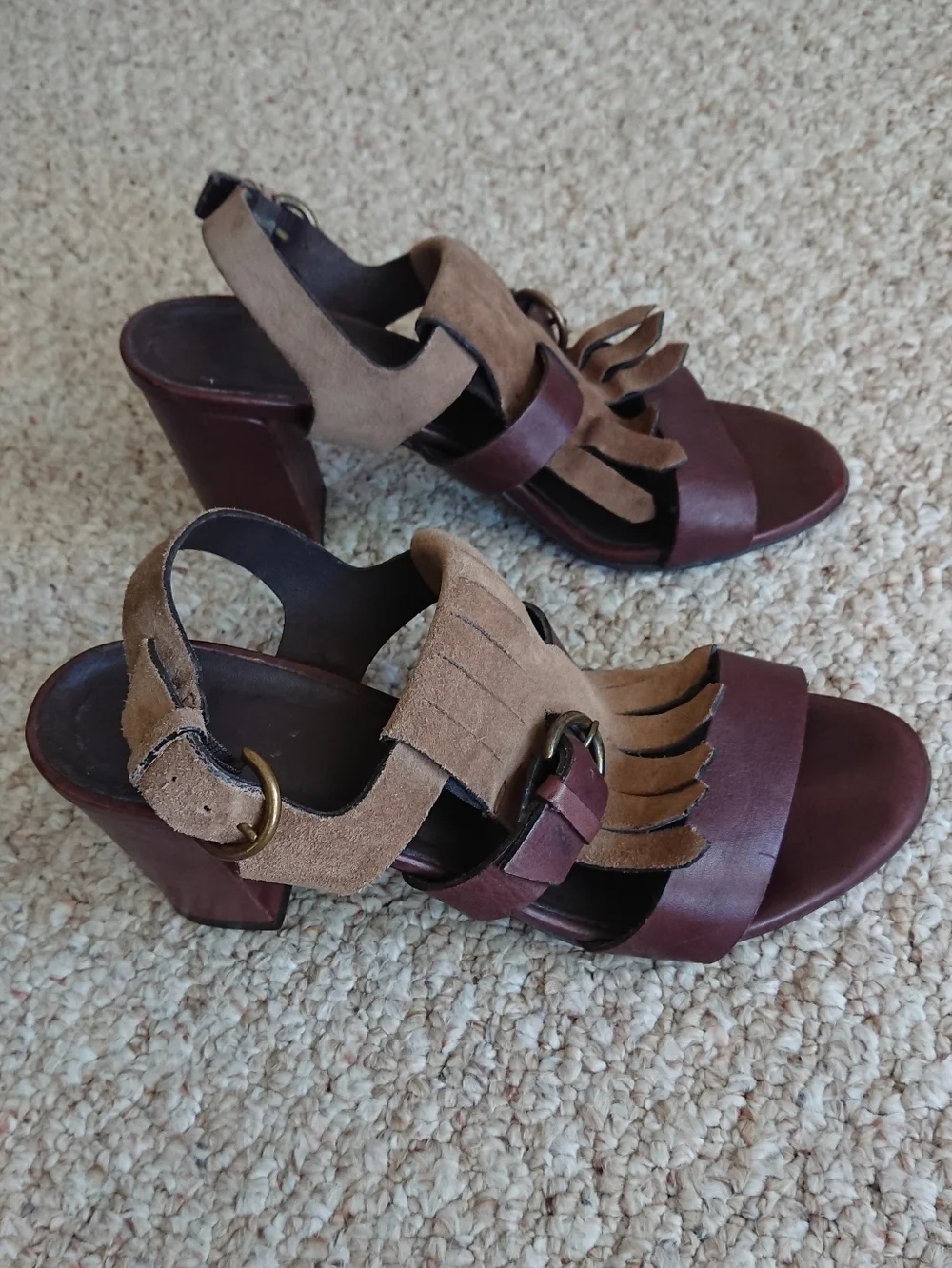 MINELLI Brown Leather with Suede fringe strap Block Heel Sandals size 8